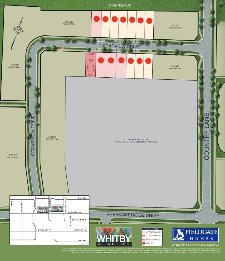 Whitby Meadows site plan showing 36' and 42' detached lots along Cedarview Drive and Country Lane