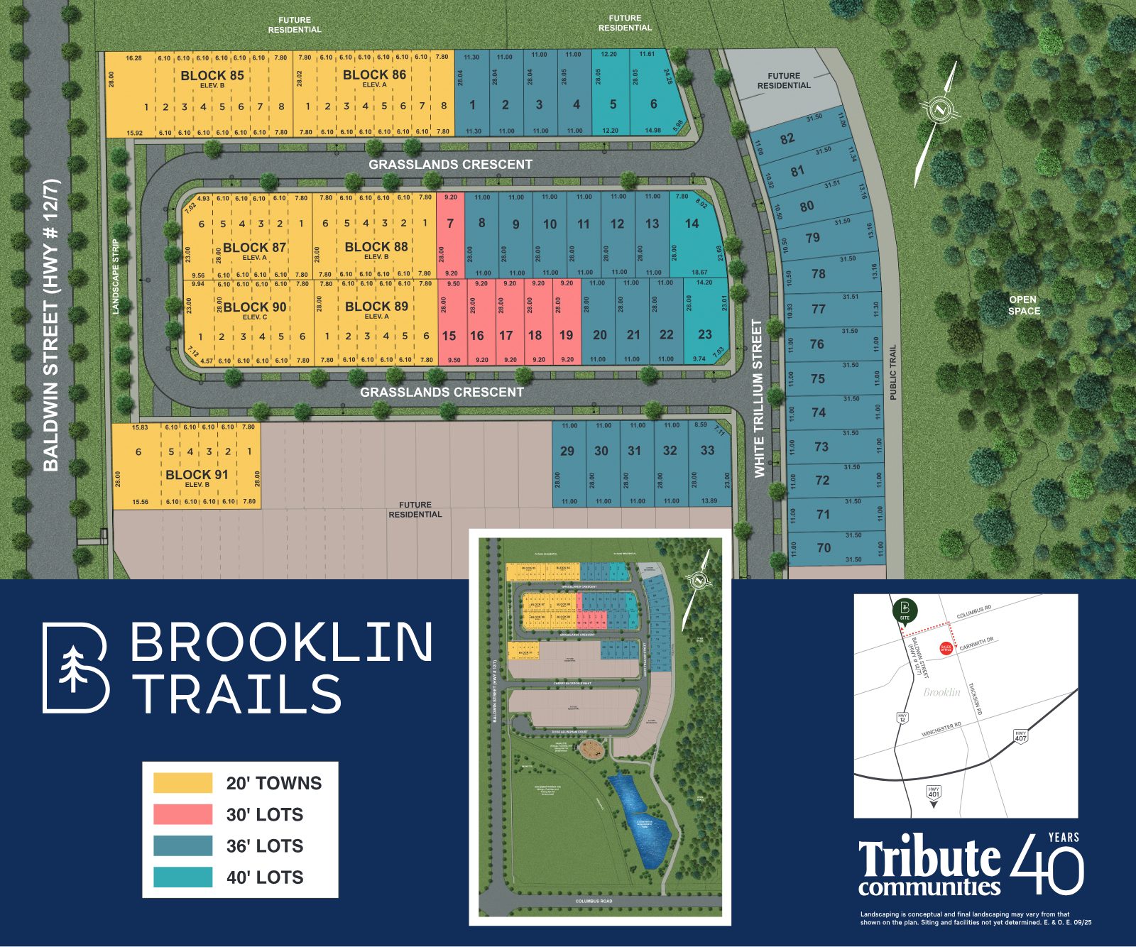 Brooklin Trails site plan showing 20' town blocks and 30', 36' and 40' lots along Grasslands Crescent and White Trillium Street, bordered by open space and a public trail