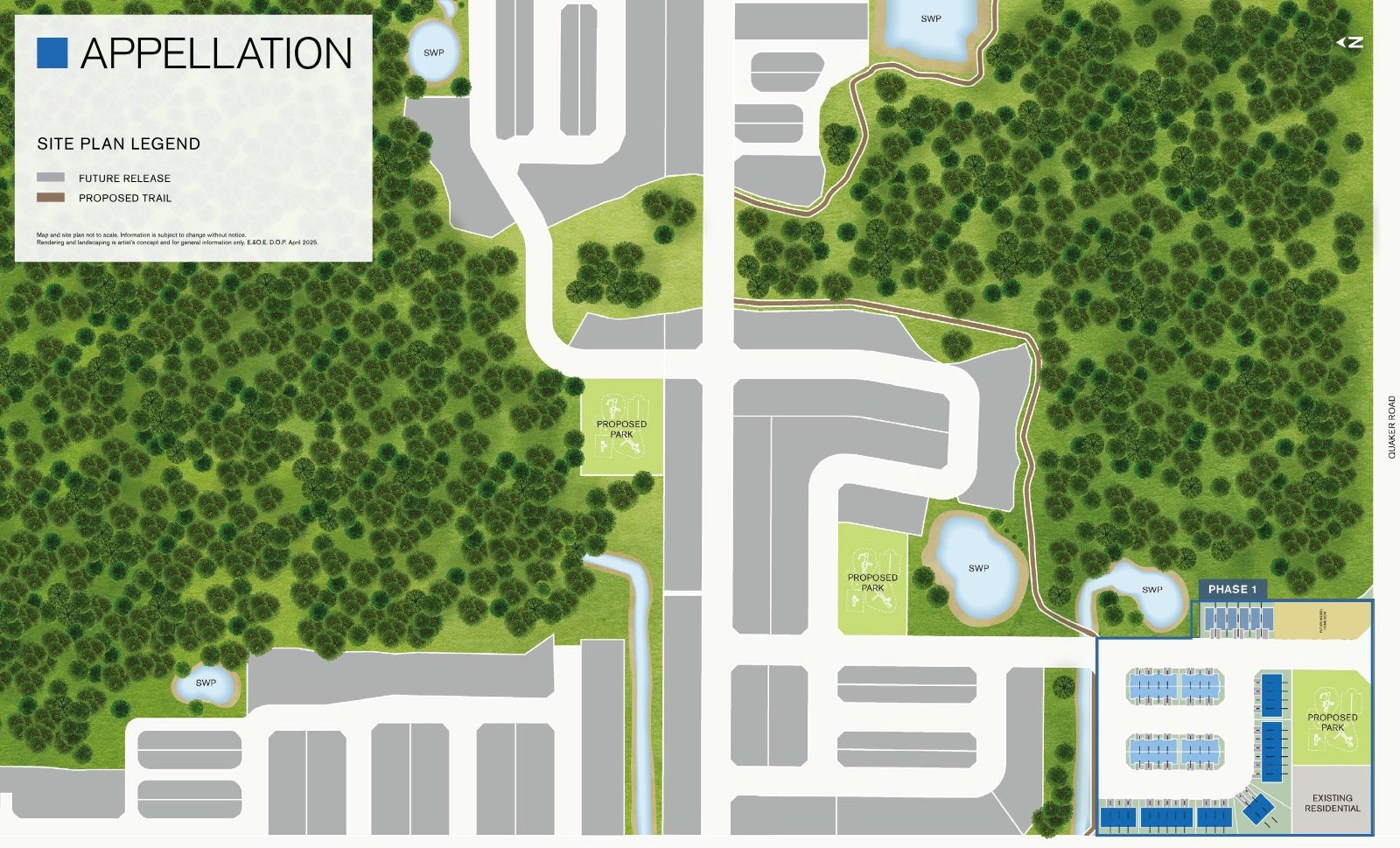 Appellation master site plan showing Phase 1, proposed parks and trails off Quaker Road