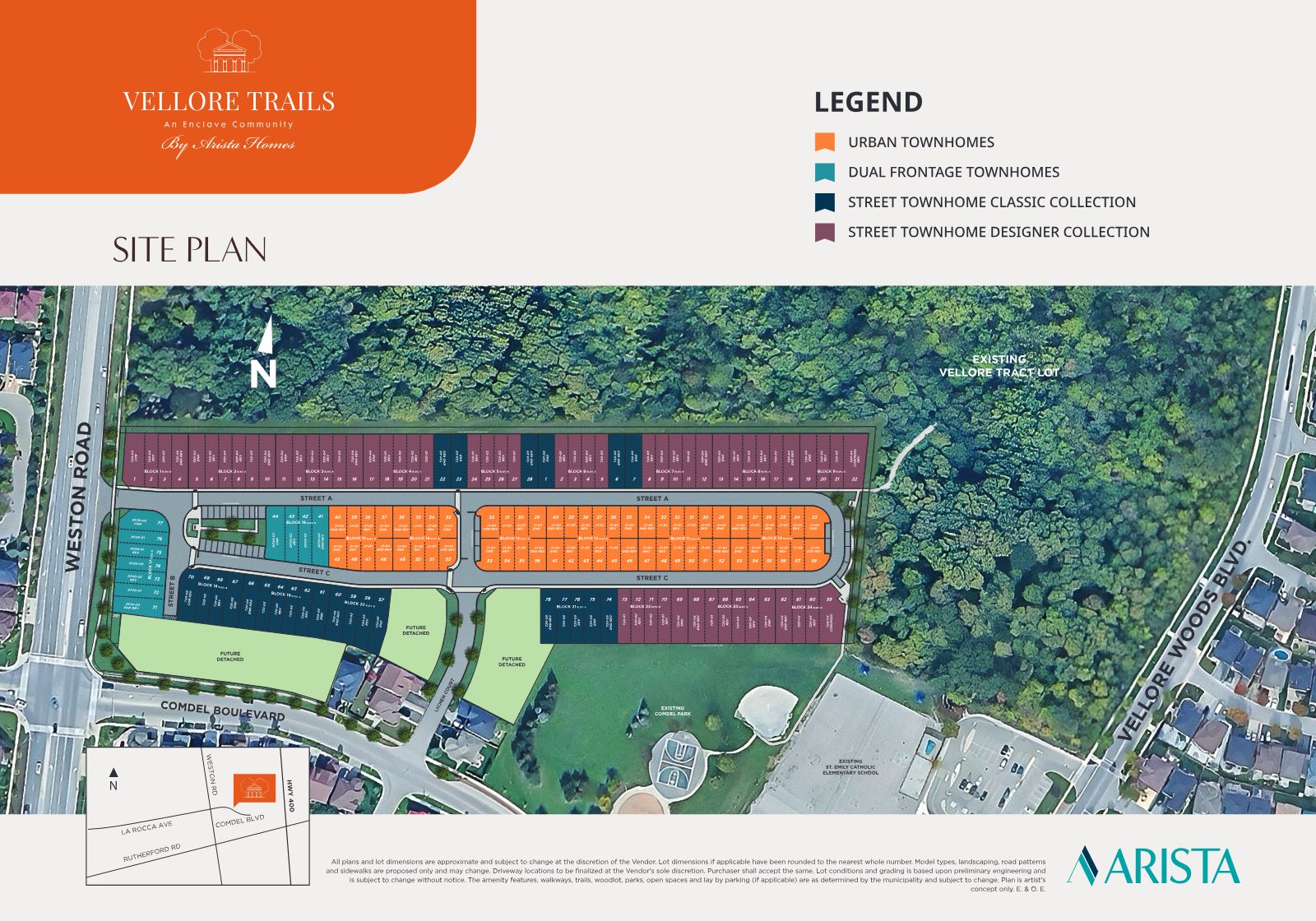 Vellore Trails site plan showing the layout of townhome collections and future detached lots