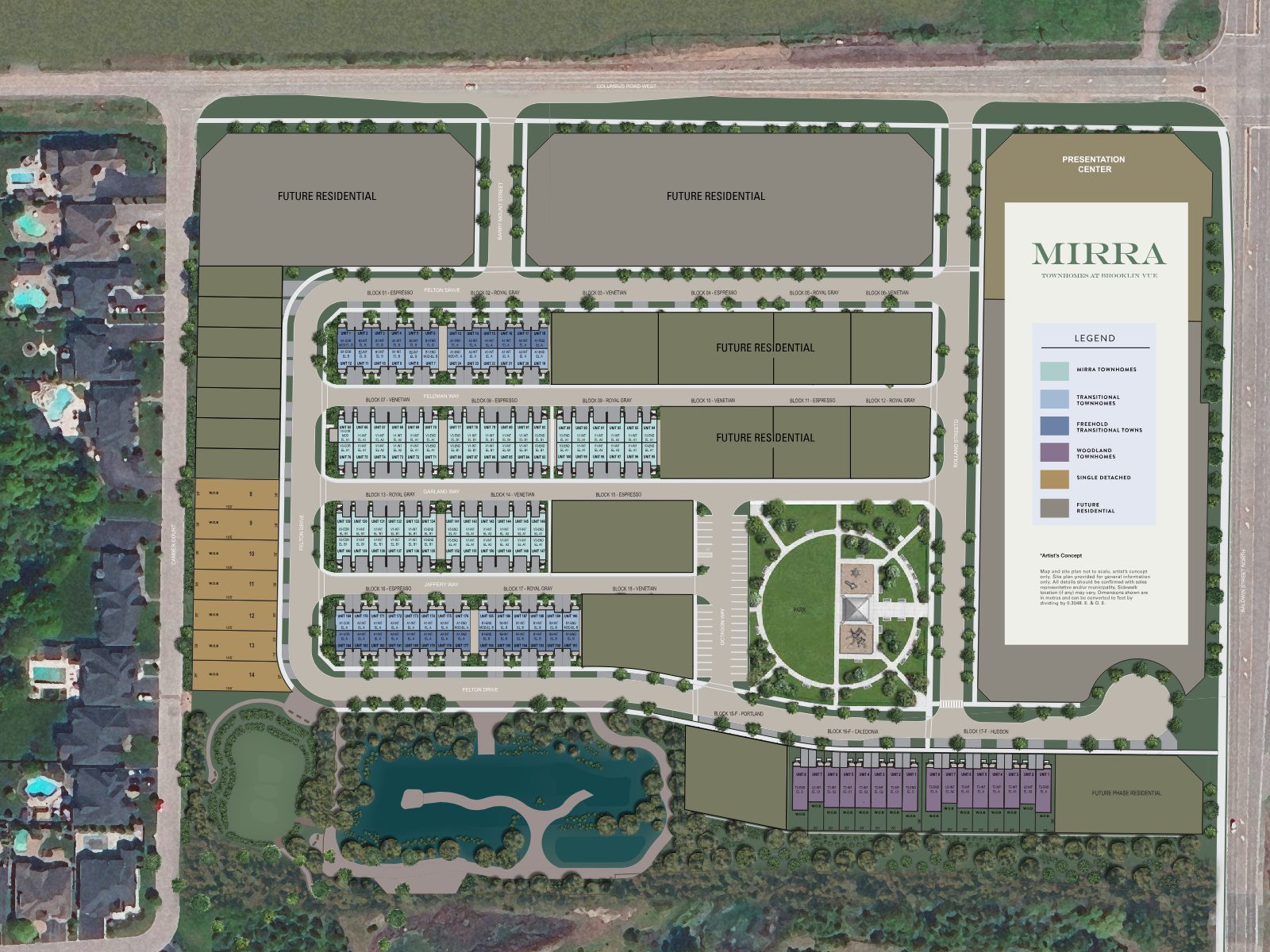 MIRRA site plan showing townhome blocks, park and street layout at Brooklin Vue