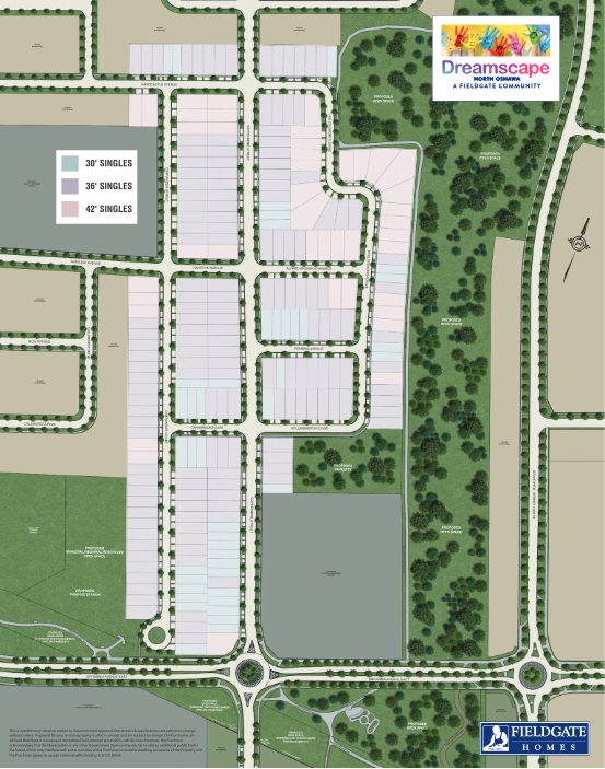 Dreamscape North Oshawa site plan showing 30, 36 and 42 foot single-detached lots with proposed open space and trails