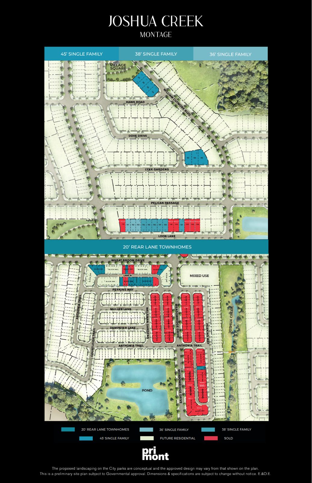 Joshua Creek Montage site plan showing 45', 38' and 36' single-family lots, 20' rear-lane townhomes, and sold lots in red