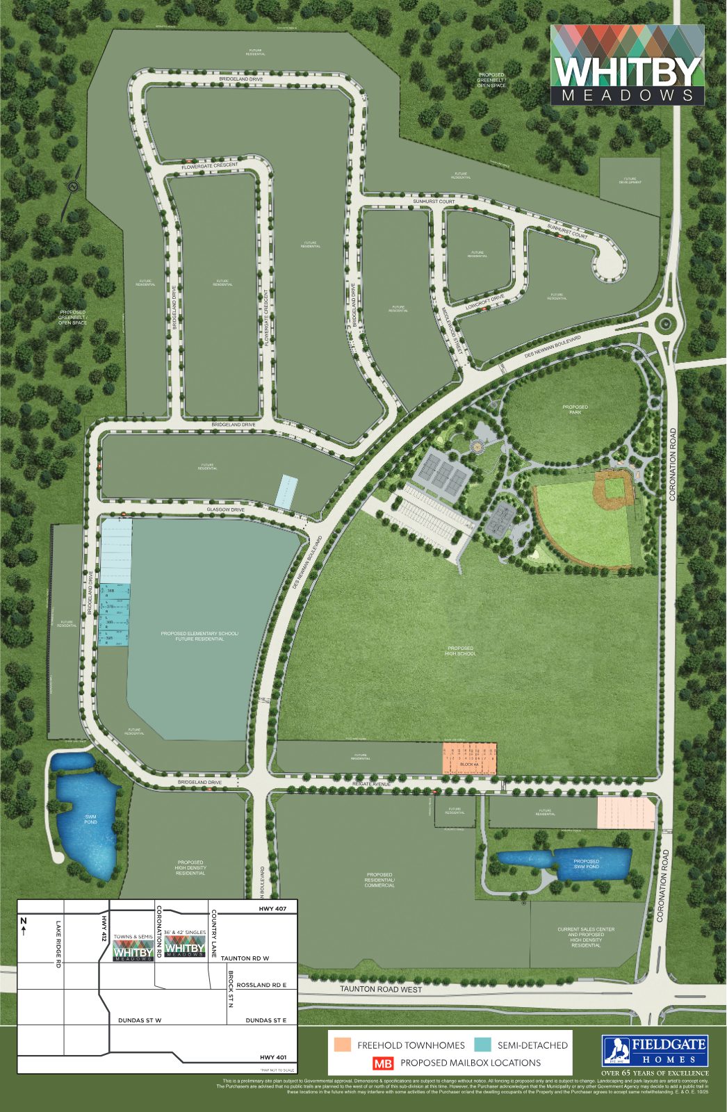 Whitby Meadows master site plan showing streets, proposed parks, schools, greenbelt and swim ponds