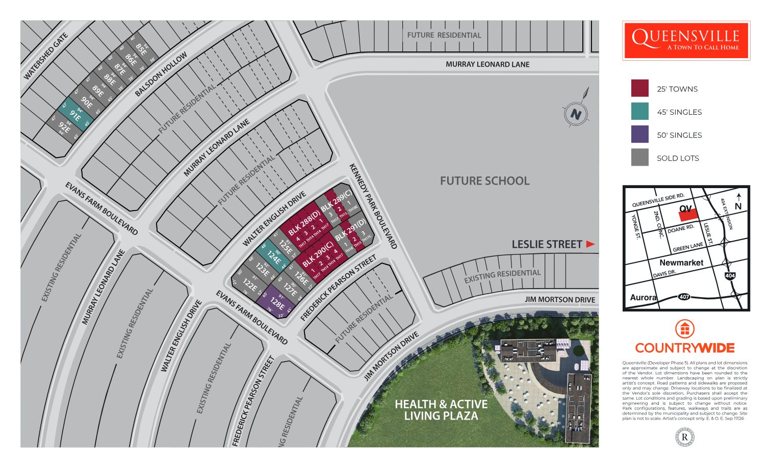 Queensville site plan showing 25-foot towns, 45- and 50-foot singles, the future school and the Health and Active Living Plaza