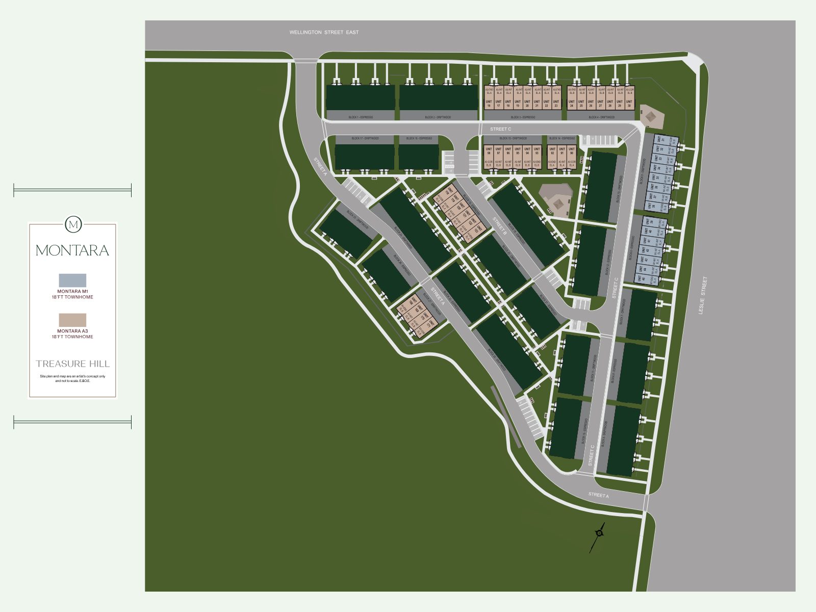 Montara site plan showing townhome blocks between Leslie Street and Wellington Street East