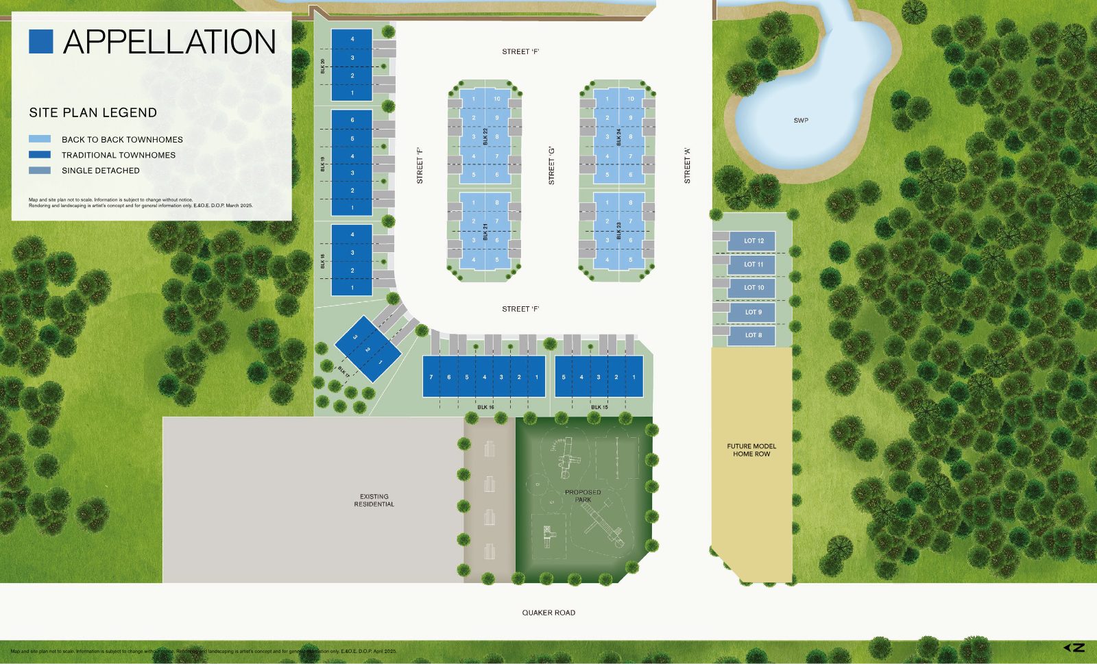 Appellation Phase 1 site plan showing back-to-back townhomes, traditional townhomes, single detached lots and proposed park on Quaker Road