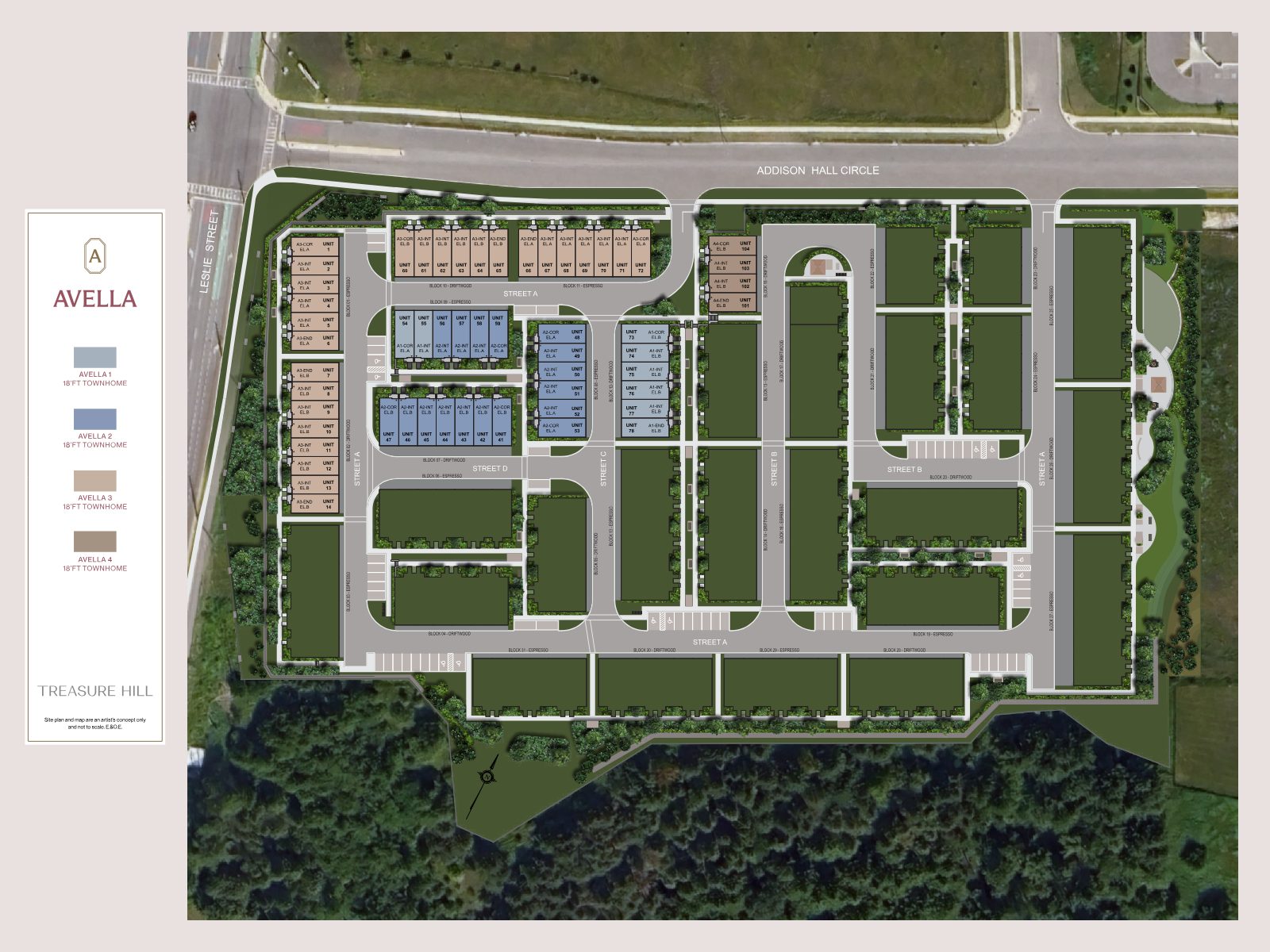 Avella community site plan showing townhome blocks off Leslie Street and Addison Hall Circle