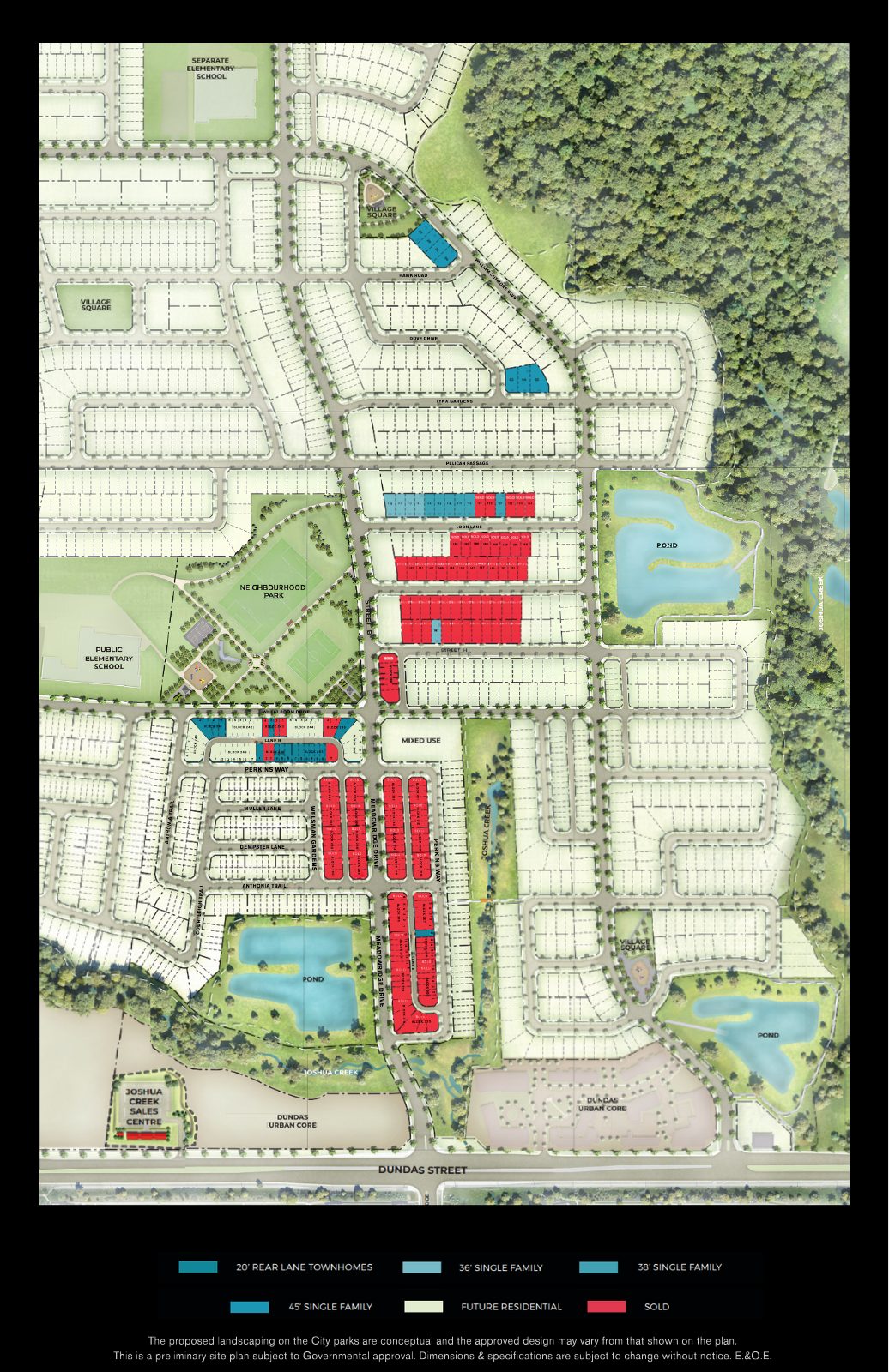 Full community master plan of Joshua Creek Montage with neighbourhood park, ponds, schools, mixed-use and Dundas Street