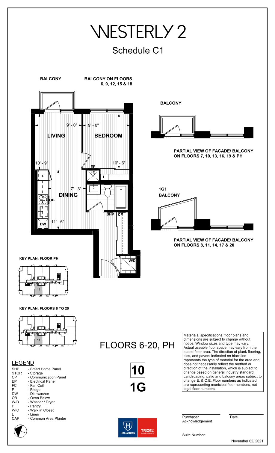 Westerly 2 floor plan 1G: one bedroom with balcony, open living and dining