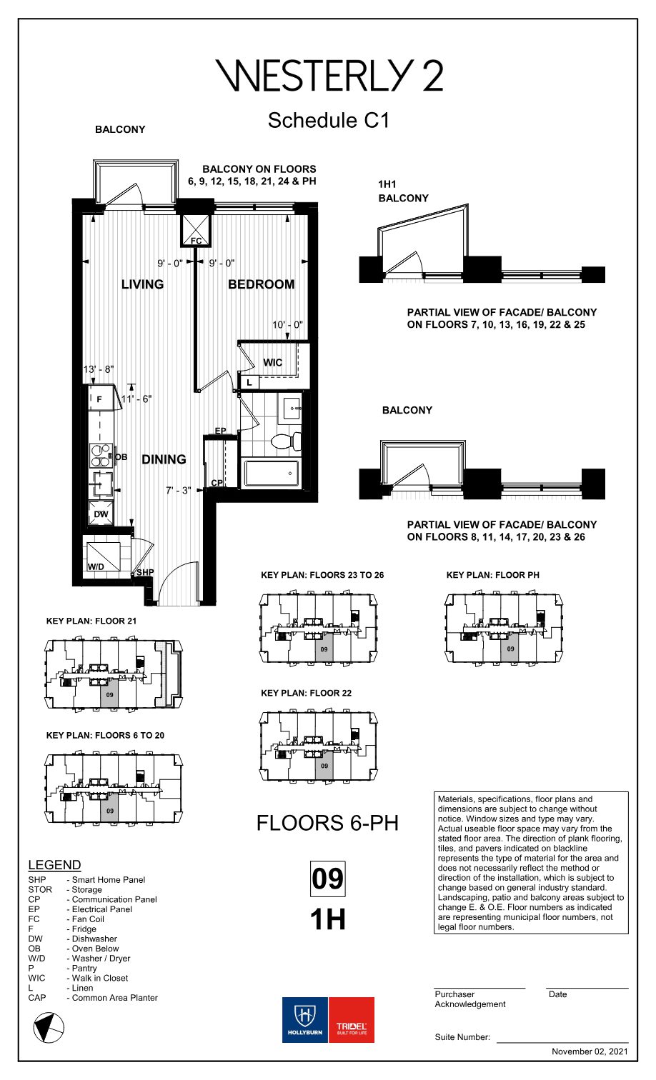 Westerly 2 suite 1H floor plan: one bedroom with walk-in closet and balcony