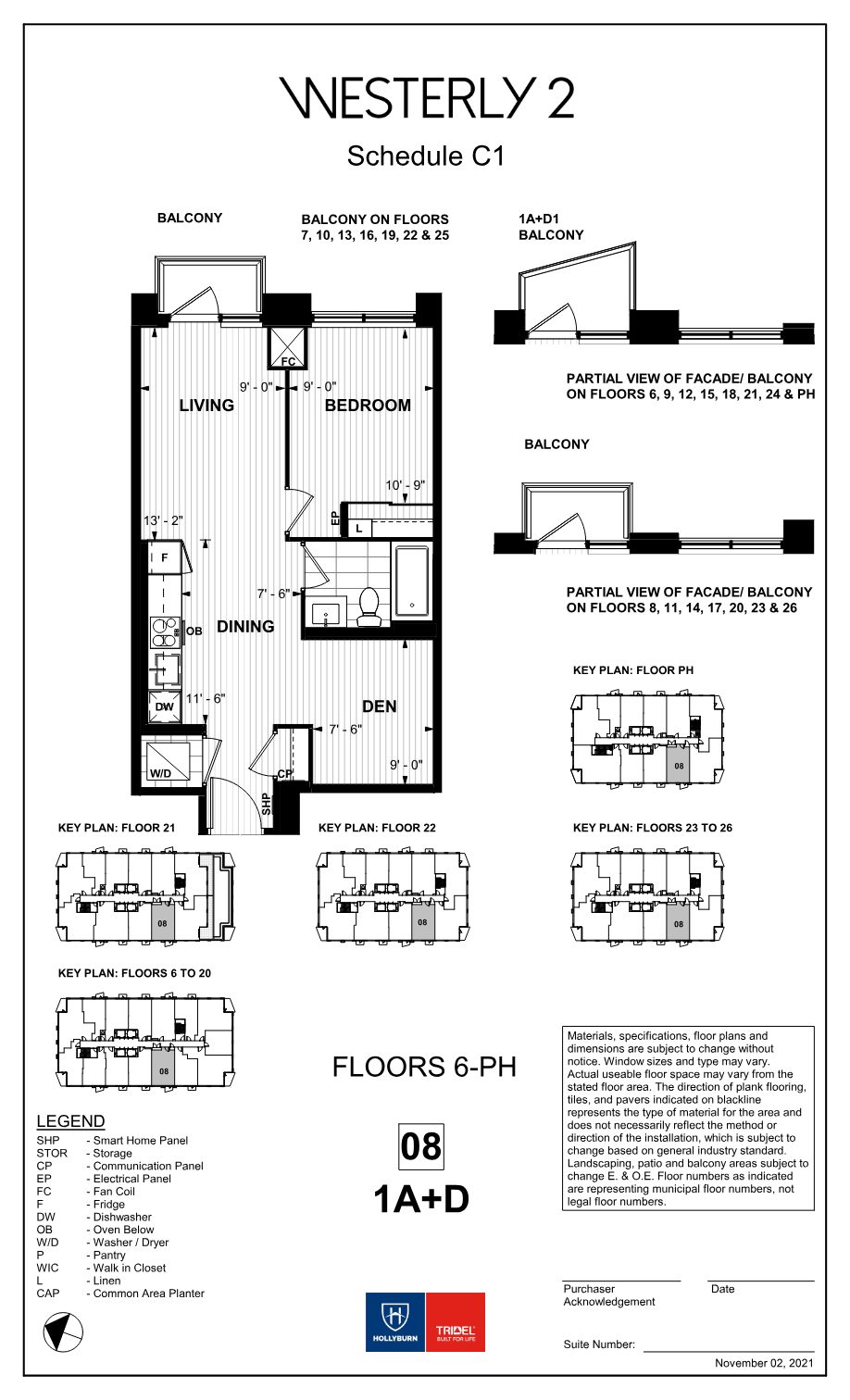 Westerly 2 floor plan 1A+D: one bedroom plus den with balcony