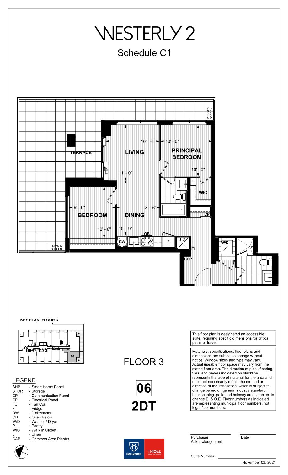 Westerly 2 floor plan 2DT: accessible two-bedroom suite with a large private terrace on floor 3