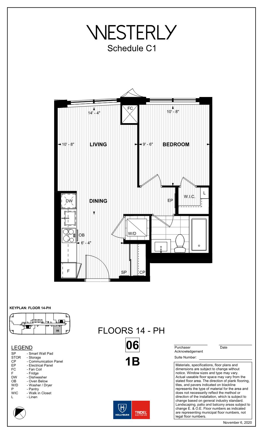 Westerly floor plan 1B: one bedroom with walk-in closet, open living and dining, galley kitchen and in-suite laundry