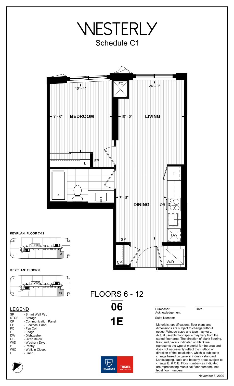 Westerly suite 1E floor plan: one bedroom with 24-foot-wide living area
