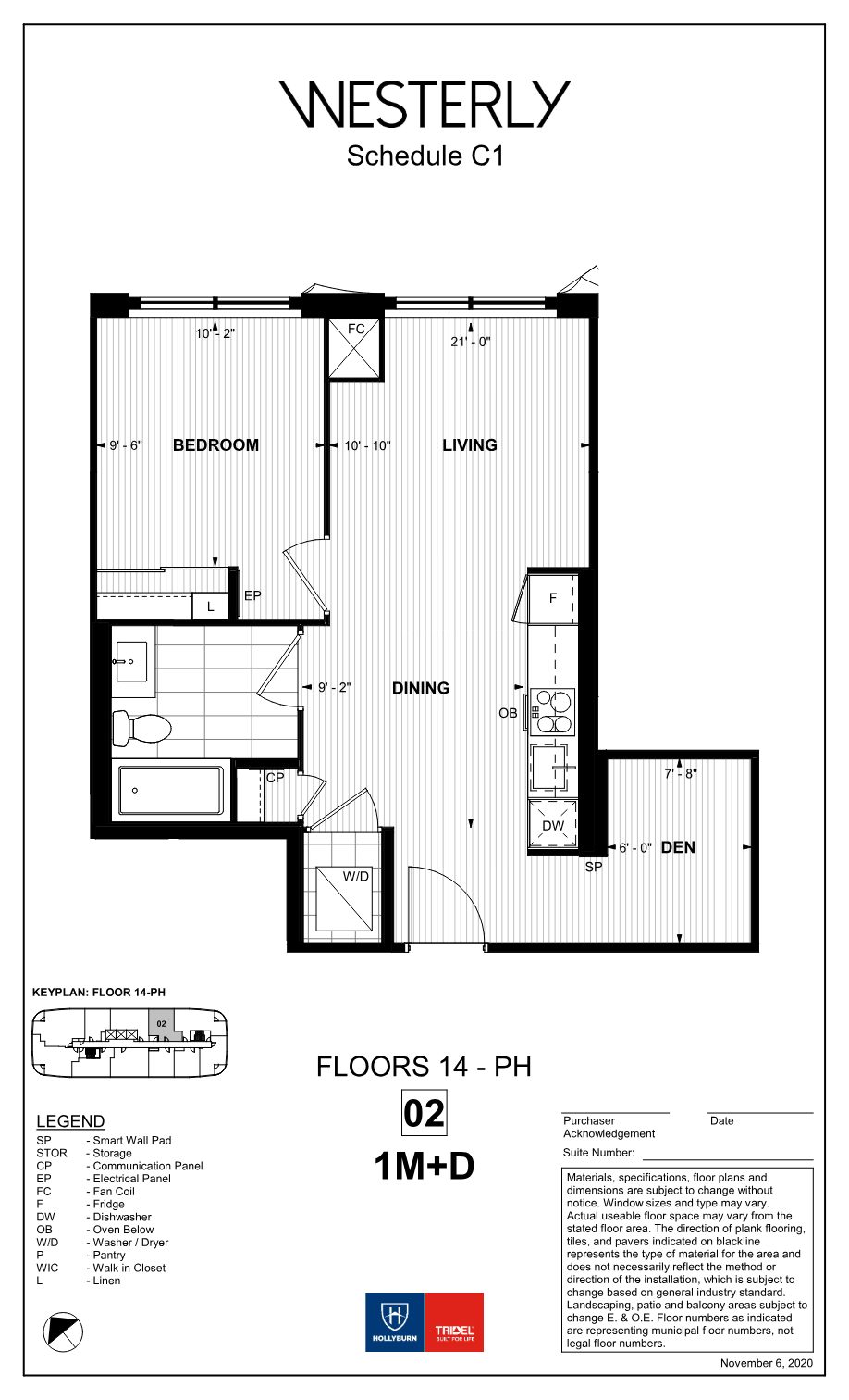 Westerly floor plan 1M+D: one bedroom plus separate den, open living and dining
