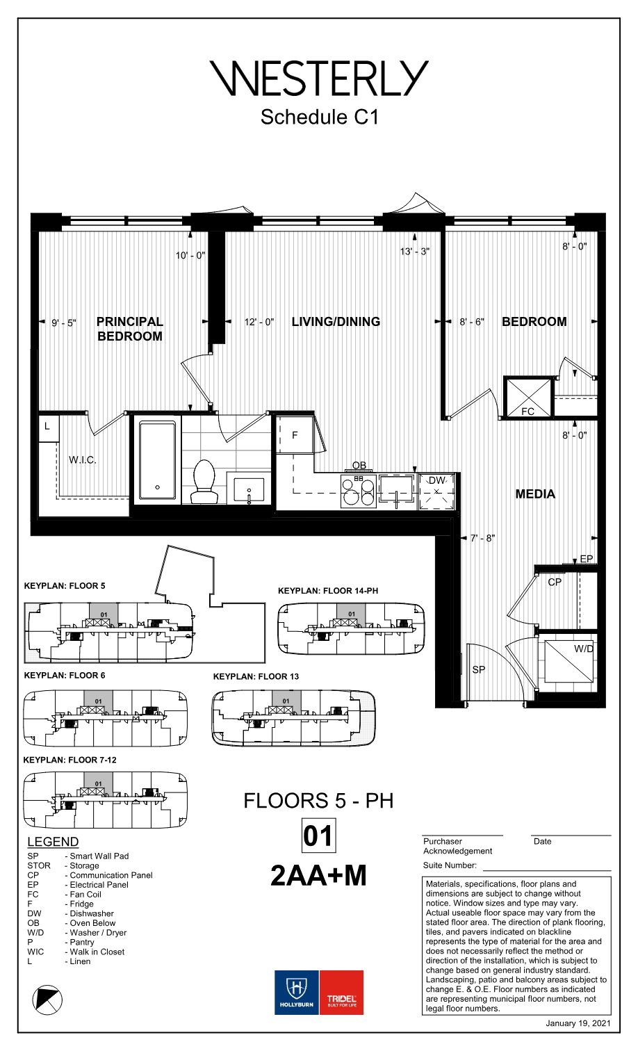 Westerly floor plan 2AA+M: two bedrooms plus media room, principal bedroom with walk-in closet