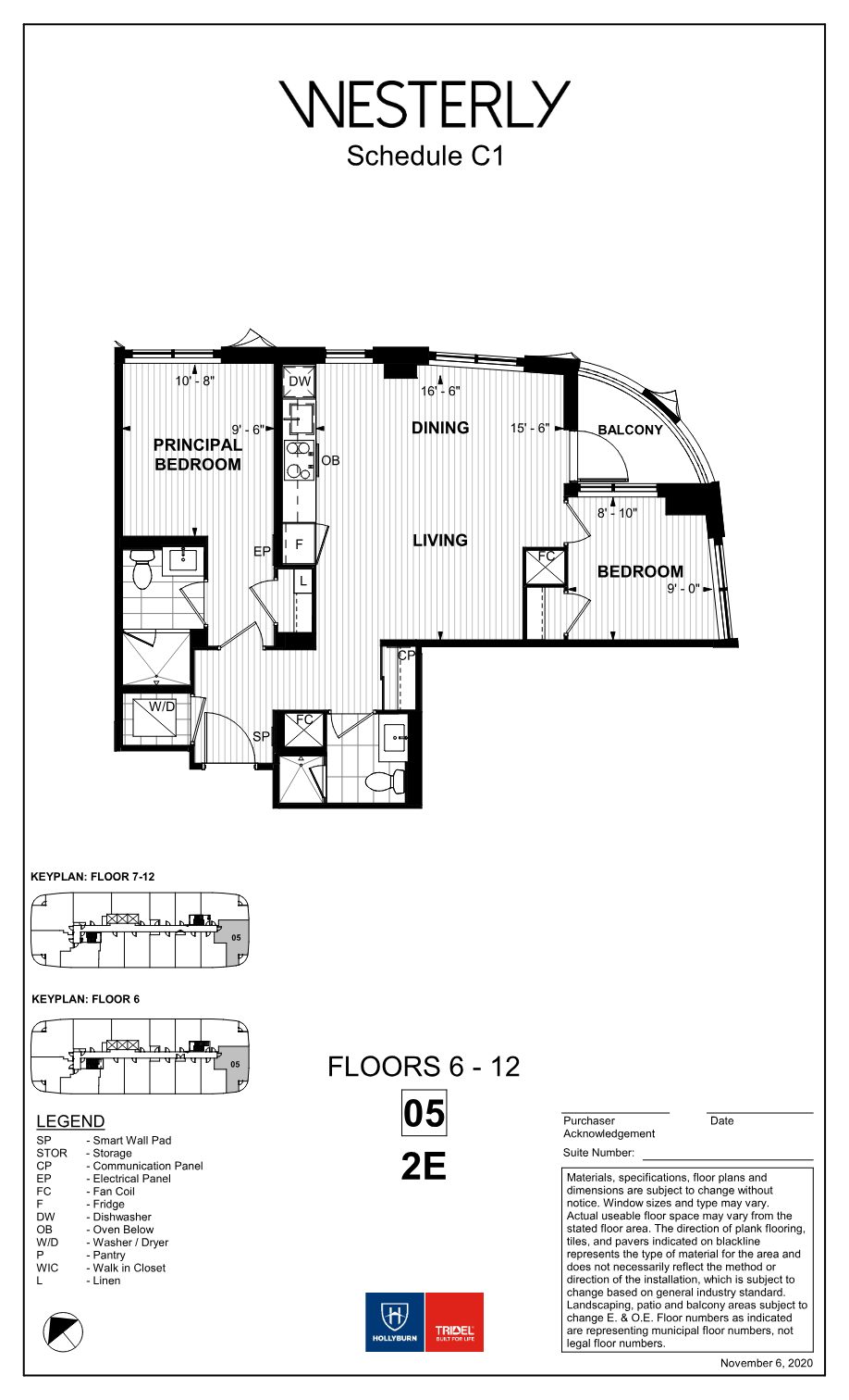 Westerly floor plan 2E: two bedrooms, two bathrooms with a curved corner balcony