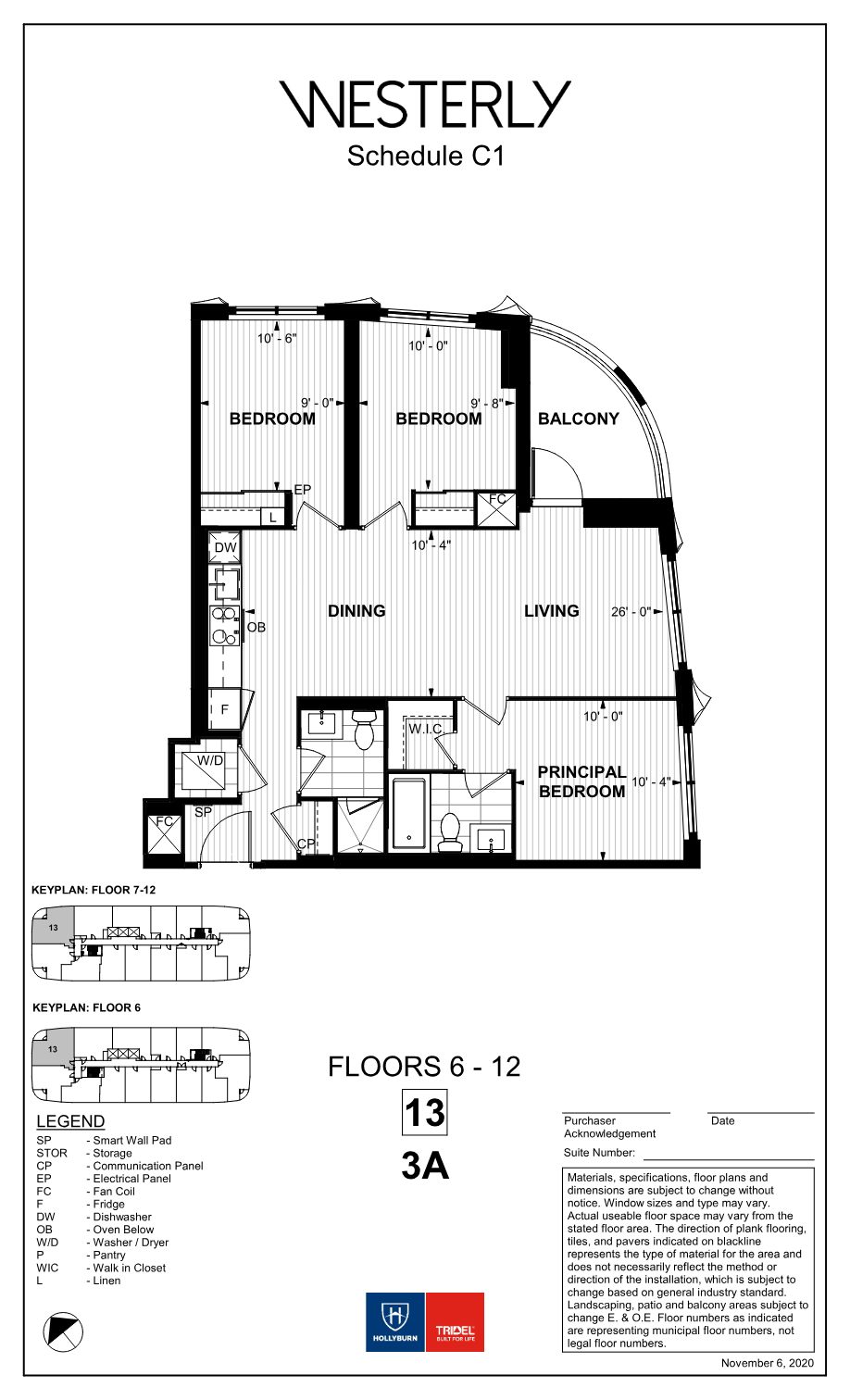 Westerly floor plan 3A: three bedrooms, two bathrooms, 26-foot living and dining area with curved corner balcony
