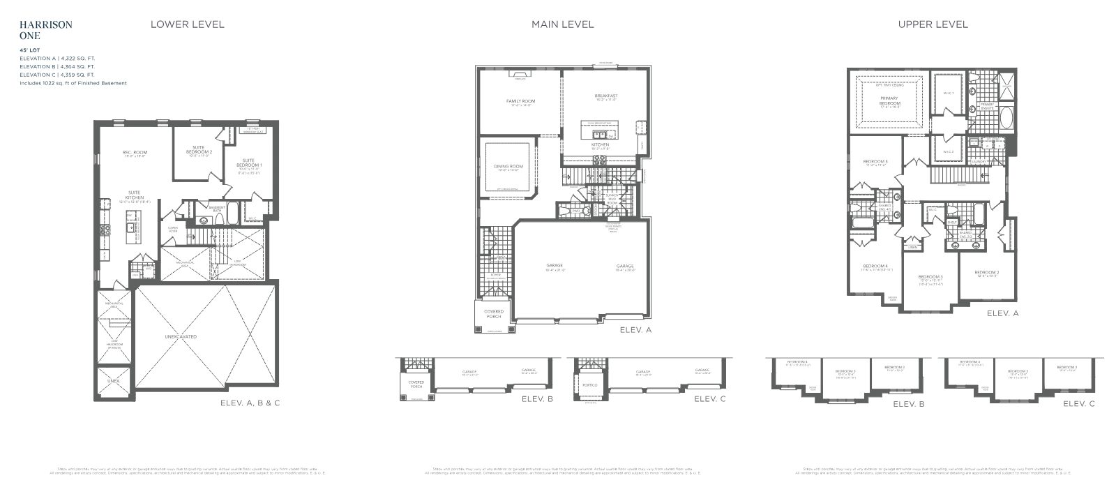 Harrison 45-foot three-car garage home rendering with legal finished basement apartment