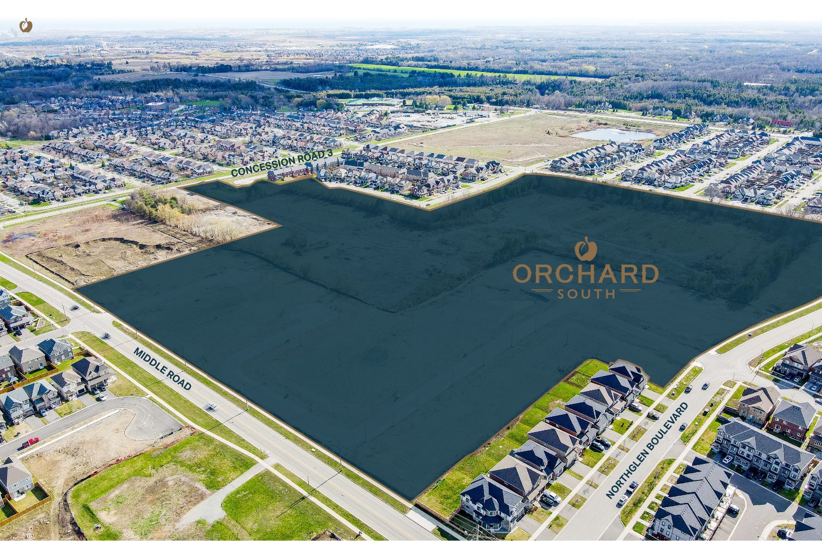 Aerial view of the Orchard South community site at Middle Road and Concession Road 3 in Bowmanville