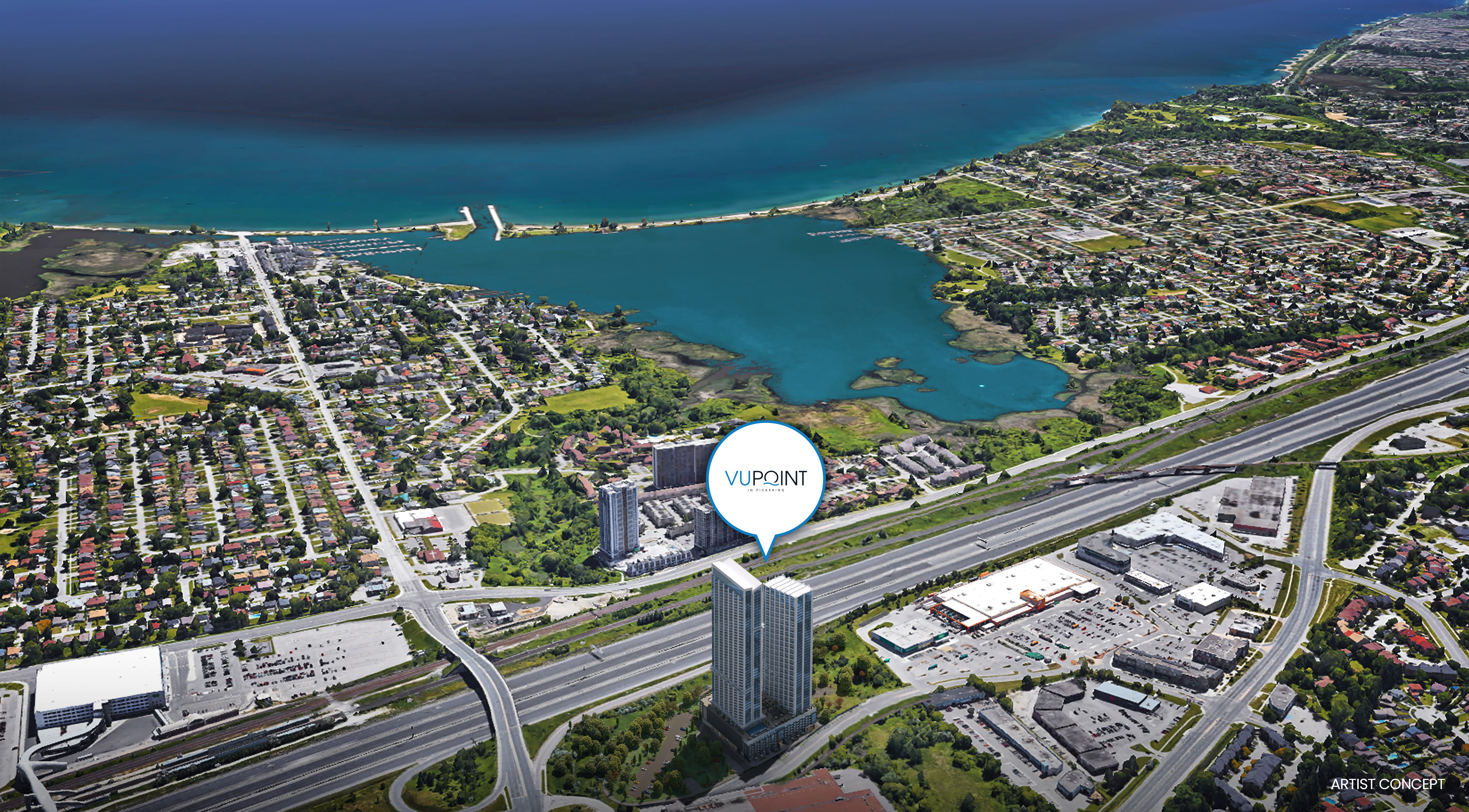 Aerial rendering of VuPoint Tower 2 marking its lakeside Pickering location near Frenchman's Bay and Highway 401
