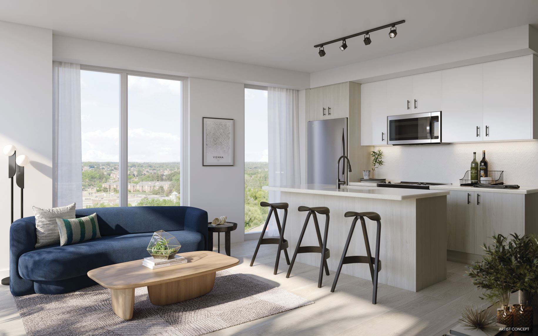 Bright suite interior rendering with open kitchen and living area overlooking greenery
