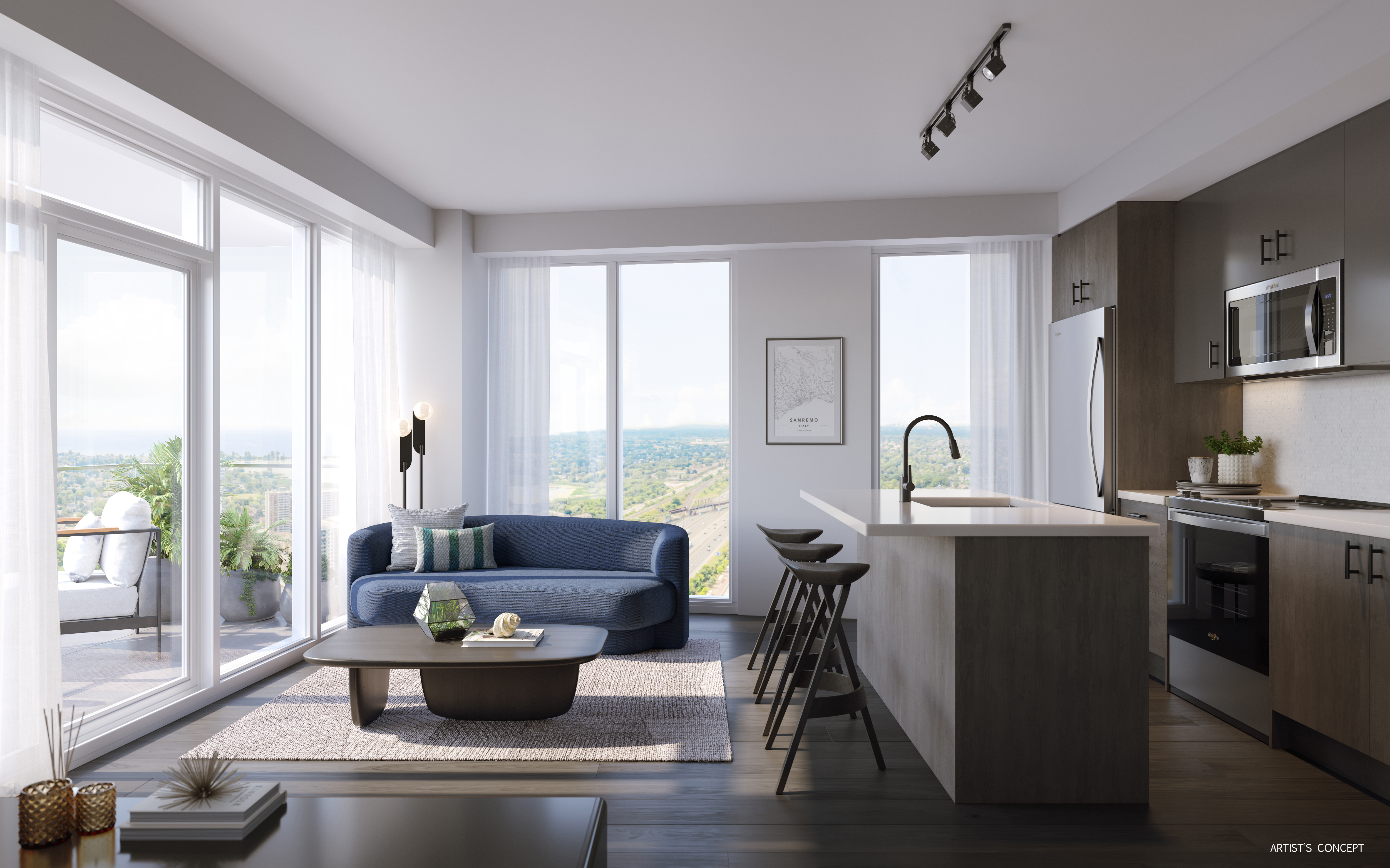 Suite living room and kitchen rendering with balcony and lake views at dusk