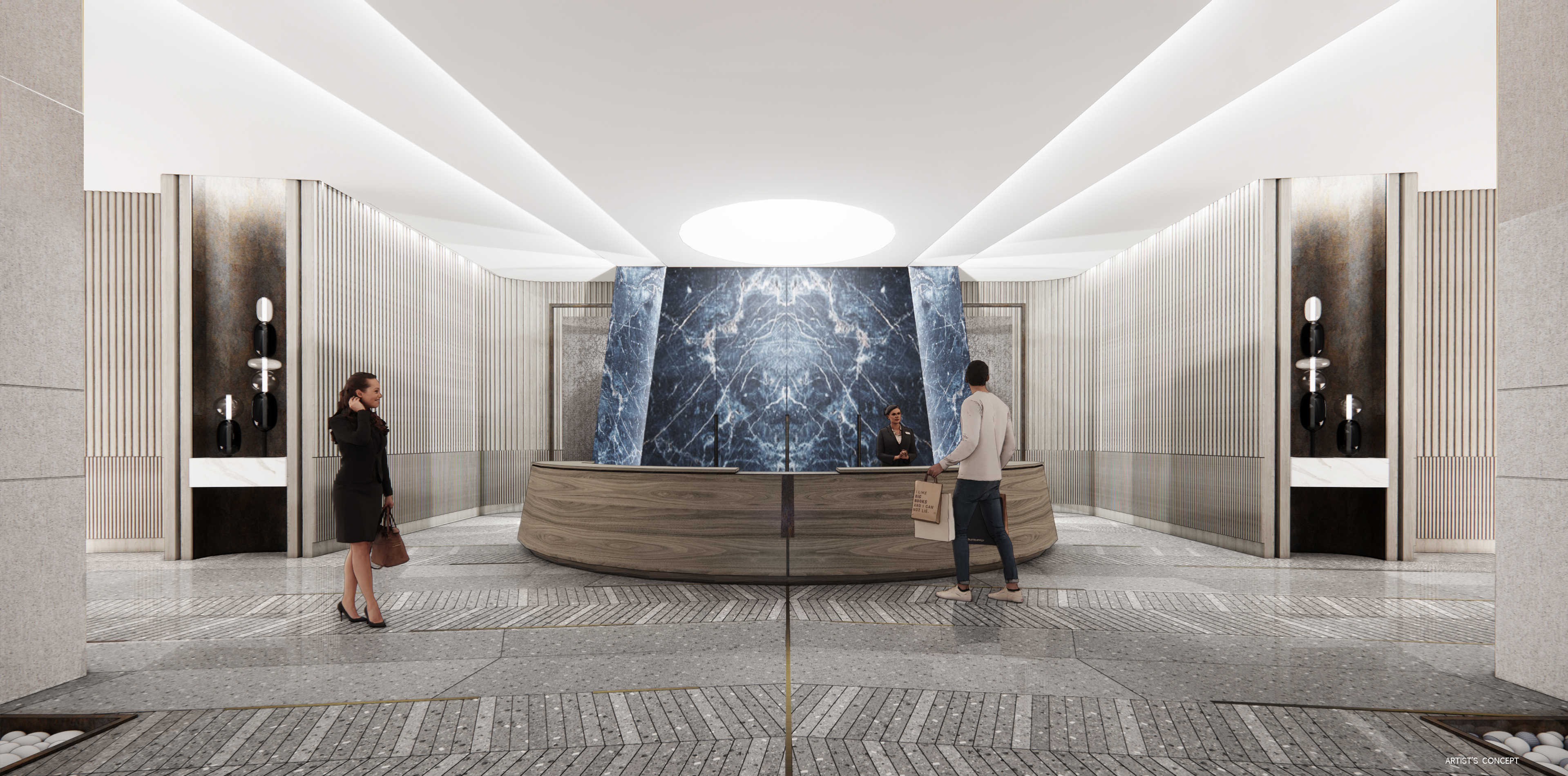 Grand designed lobby rendering with marble feature wall and concierge desk