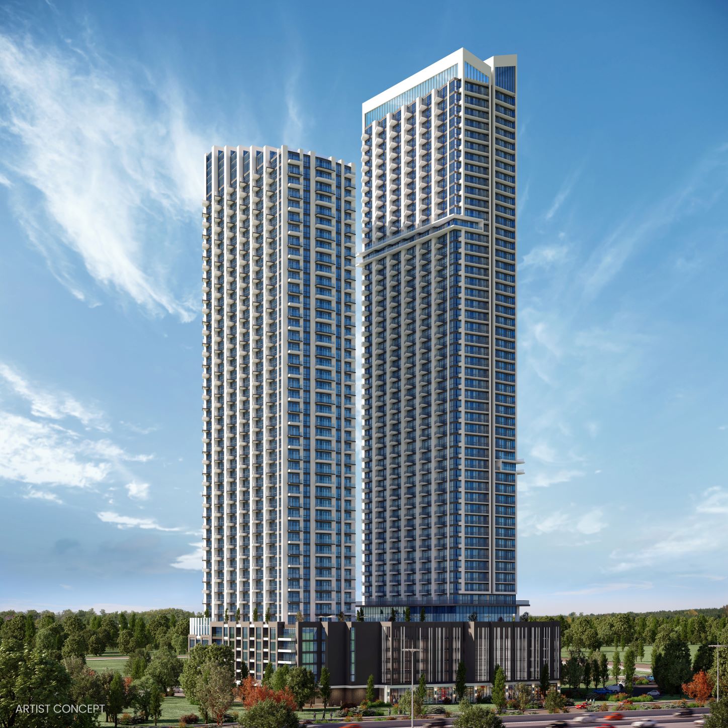 South façade rendering of VuPoint Tower 2 at dusk