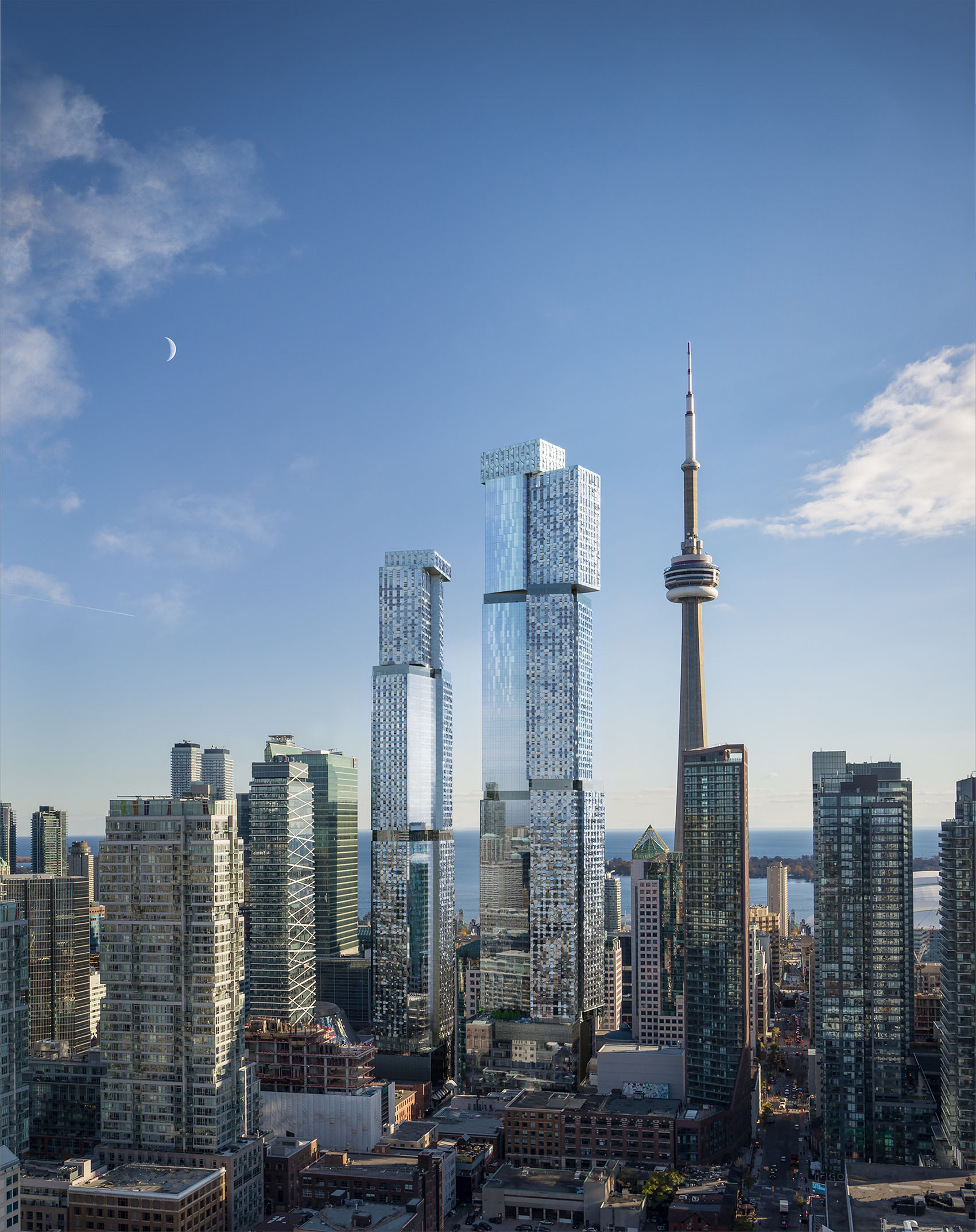 Rendering of the Forma twin towers rising over Toronto's skyline beside the CN Tower and Lake Ontario