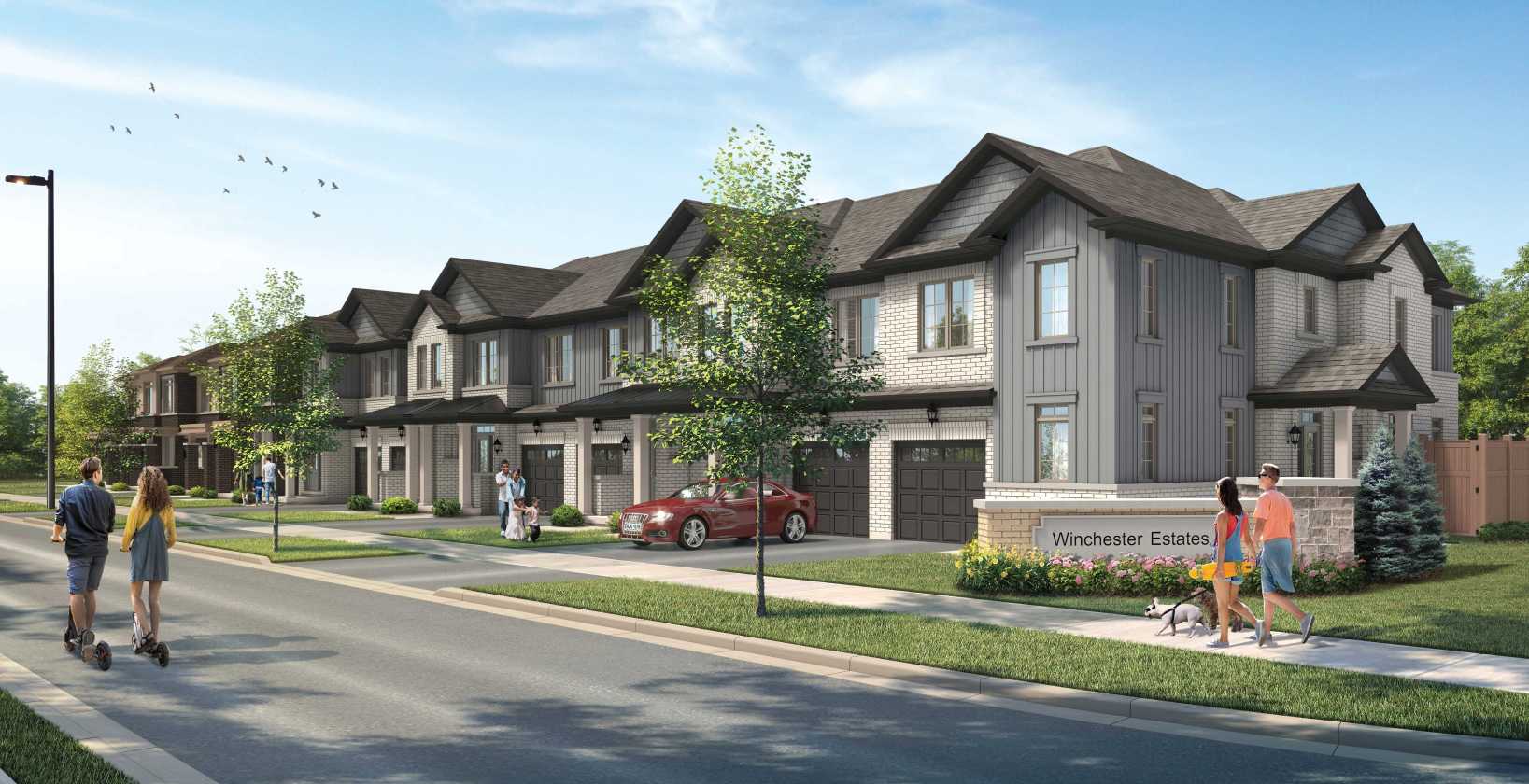Artist's rendering of Winchester Estates townhomes with brick and board-and-batten facades and the Winchester Estates entry sign